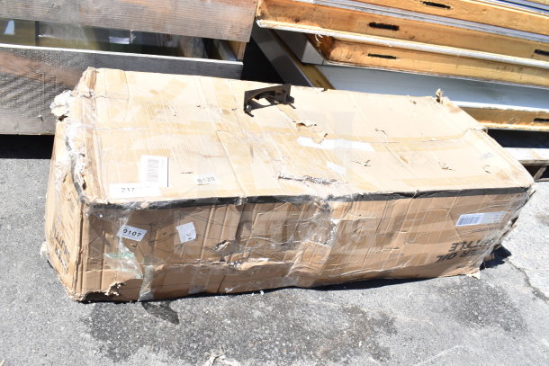 Damaged box containing BRAND NEW 259OS100 Fryclone OS-100 fryer oil shuttle, 70-100 lb capacity. Worn packaging visible.