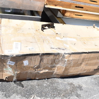 Damaged box containing BRAND NEW 259OS100 Fryclone OS-100 fryer oil shuttle, 70-100 lb capacity. Worn packaging visible.