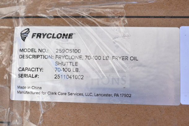 BRAND NEW Fryclone 259OS100 Fryer Oil Shuttle, 70-100 lb. capacity, model and serial numbers visible on packaging label.