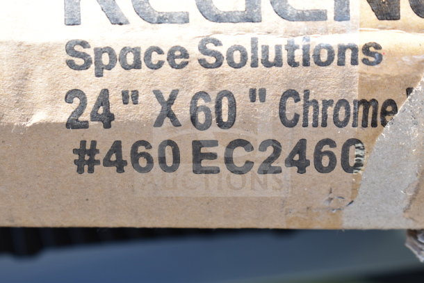 Cardboard packaging shows Regency model #460EC2460, 24"x60" NSF chrome wire shelf details.