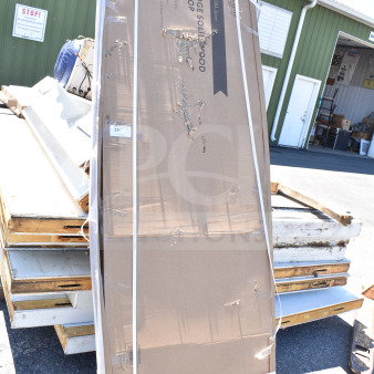 Boxed Lancaster Table & Seating 30" x 96" live edge table top, honey maple finish, new with visible scratches on packaging.