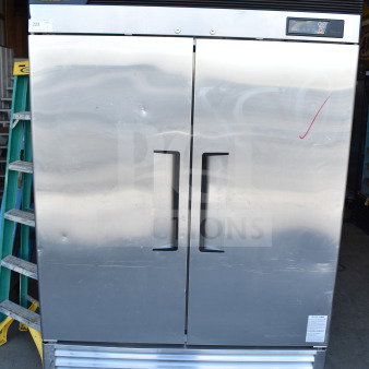 Turbo Air TSR-49SD Commercial Cooler, 2-door, 115V, 1 Phase. Stainless steel, visible handling wear, model label intact.