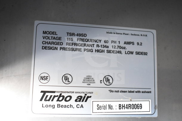 Turbo Air TSR-49SD Commercial Cooler label showing model, voltage 115, refrigerant R-134a, and serial BH4R0069.
