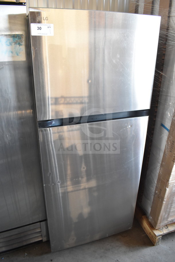 LG LT18S2100S/00 reach-in cooler with freezer, 115 volts, 1 phase, stainless finish, good condition, auction label visible.