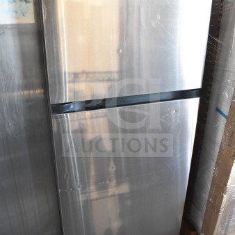 LG LT18S2100S/00 reach-in cooler with freezer, 115 volts, 1 phase, stainless finish, good condition, auction label visible.