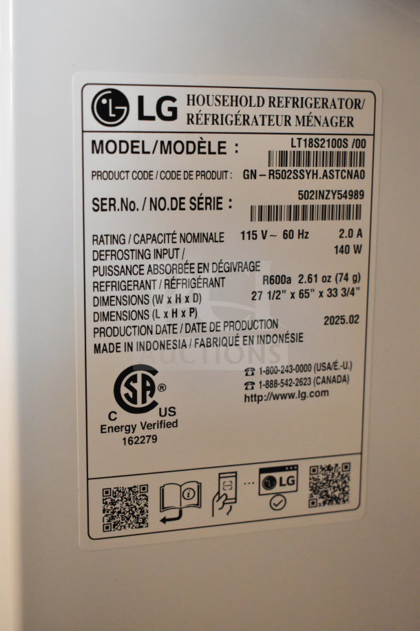 LG LT18S2100S/00 Reach In Cooler w/ Freezer label; 115V, 1 Phase, Energy Verified. Model and serial number details visible.