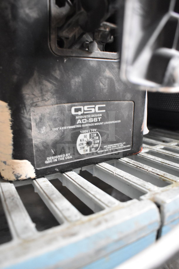 QSC AD-S6T axisymmetric surface mount loudspeaker, 100V/70V, visible label with acoustic design details, used condition.