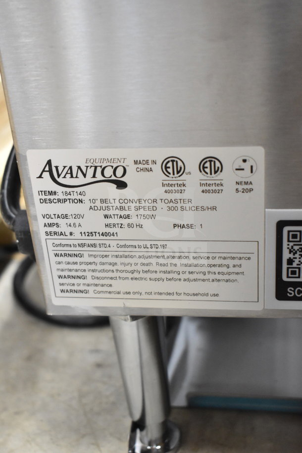 "Brand new Avantco 184T140 conveyor pizza oven, scratch and dent, 120V, 1750W, adjustable speed, 300 slices/hr capacity."