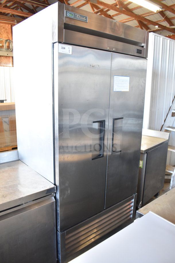 2021 True T-35-HC 2 Door Cooler, commercial use, 115V, 1 phase, stainless steel, on casters, good condition, model tag visible.