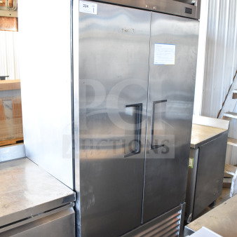 2021 True T-35-HC 2 Door Cooler, commercial use, 115V, 1 phase, stainless steel, on casters, good condition, model tag visible.
