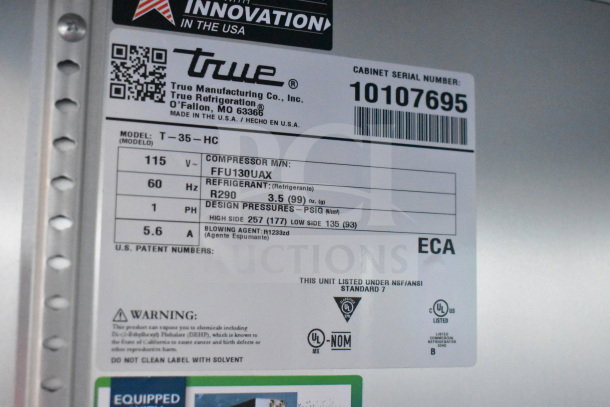 2021 True T-35-HC Commercial 2 Door Reach In Cooler label, featuring model, voltage, refrigerant, and safety certifications.