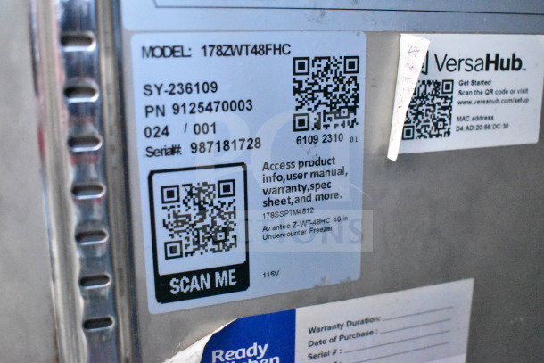 Label on Avantco 178ZWT48FHC commercial freezer. Shows model, serial number, QR code, 115V.