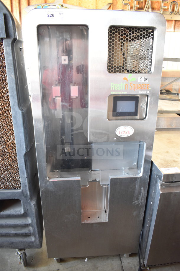 JBT 2ND-GEN-MFJ Fresh N Squeeze citrus juicer on casters, stainless steel, touchscreen interface, 115V, commercial use.