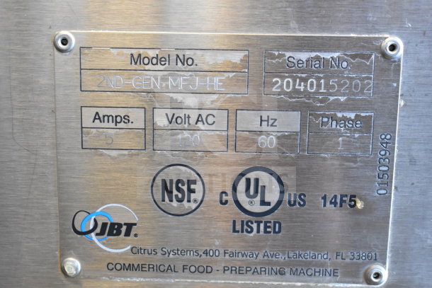 JBT 2ND-GEN-MFJ citrus juicer, commercial floor model, 115V, 1-phase. Features NSF, UL listings. Metal label with specs.