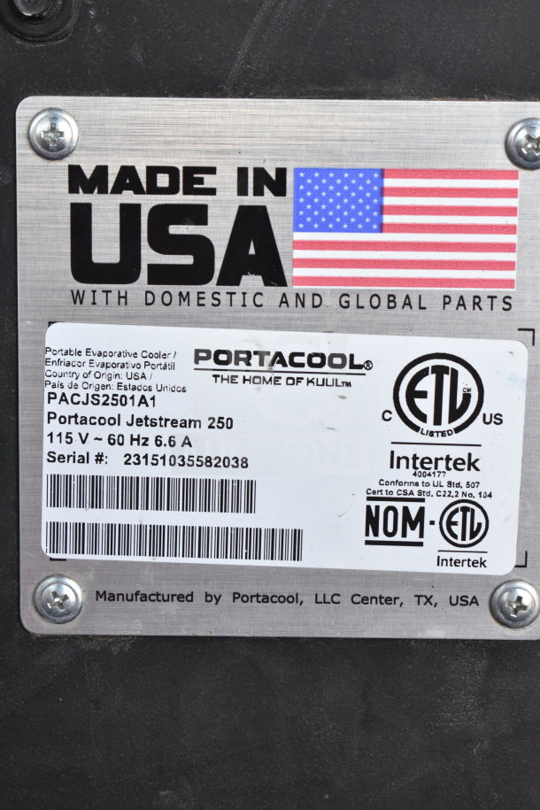 Portacool Jetstream 250 label showing model PACJS2501A1, 115V, USA-made. Includes serial number and certification marks.
