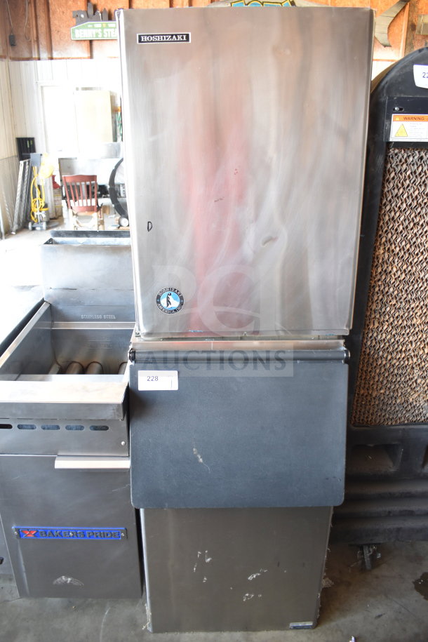 Hoshizaki Commercial Ice Head on B-300SF Ice Bin, stainless steel, minor surface wear, Hoshizaki label visible.