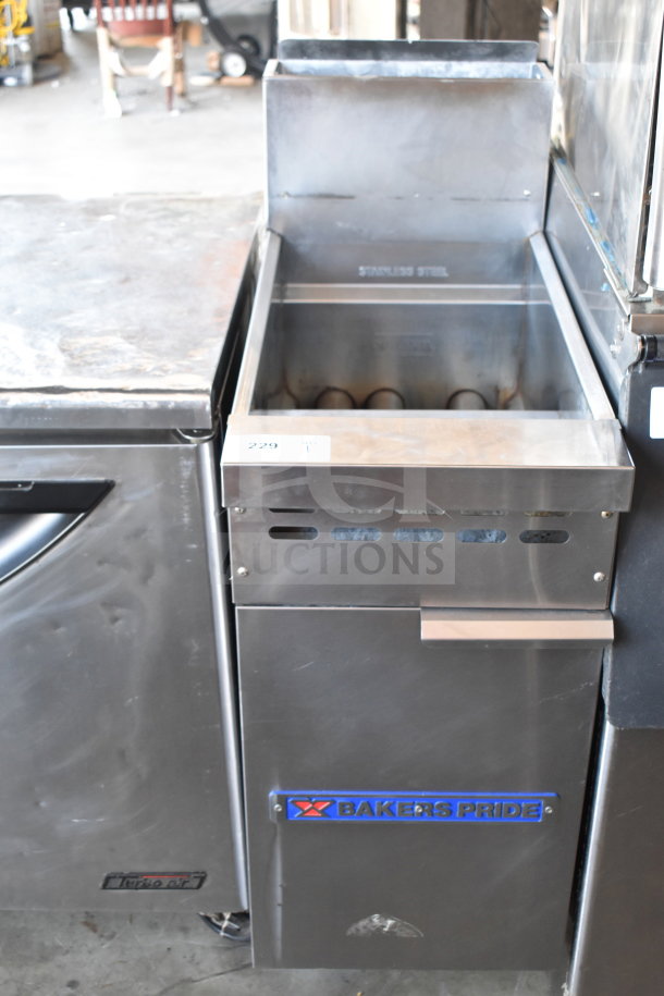 Bakers Pride commercial gas deep fat fryer, stainless steel, floor style, used condition, logo on front panel.