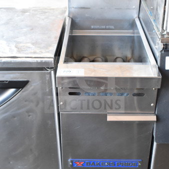 Bakers Pride commercial gas deep fat fryer, stainless steel, floor style, used condition, logo on front panel.