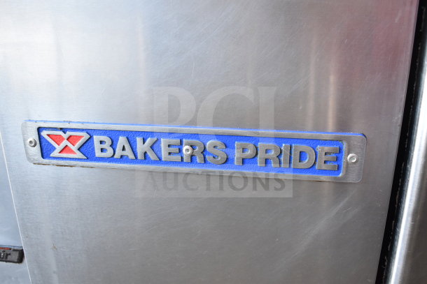 Bakers Pride commercial gas fryer, stainless steel, floor style, features logo plate. Ideal for high-volume frying.