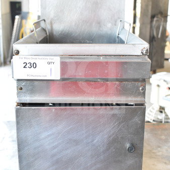 Commercial countertop gas-powered deep fat fryer, stainless steel, used, some scratches. Auction label: "230 QTY 1."