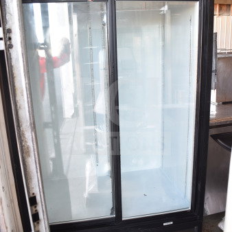 Beverage Air Commercial 2-door cooler merchandiser, black frame, glass doors, 115 volts, 1 phase, used condition.
