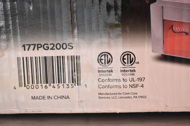 Avantco 177PG200S Commercial Panini Grill box showing model number, ETL certifications, and "Made in China" label.