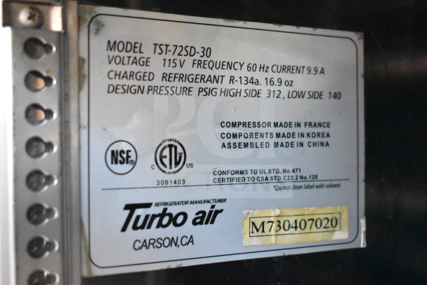 Turbo Air TST-72SD-30 label with 115V, R-134a refrigerant, UL and CSA certifications. Compressor made in France.