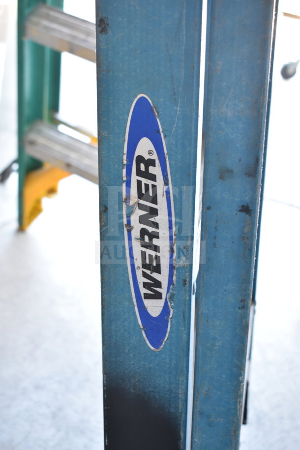Four Werner ladders, mixed conditions, featuring a blue frame and visible brand logo. Ideal for various tasks.