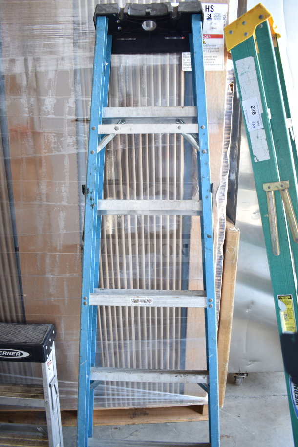 Four assorted ladders including blue and green models, various brands visible, used condition, auction lot for multiple uses.
