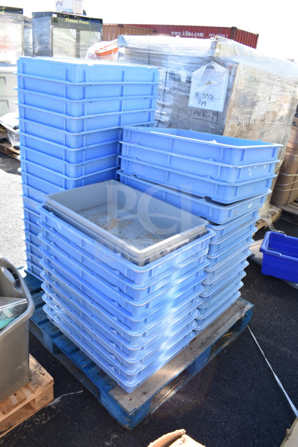 Stack of blue poly dough bins on a pallet, used condition, multiple units included in auction lot.