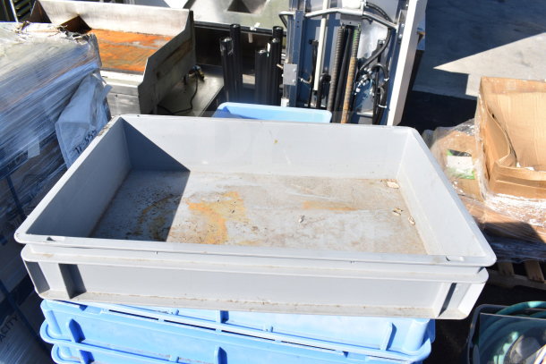 Auction of 40 assorted items, featuring blue poly dough bins. Stacked, visibly used condition. Multiplies bid by 40.