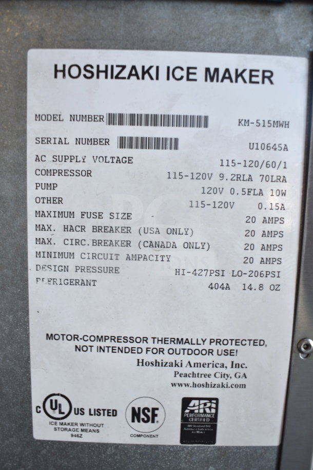 Hoshizaki KM-515MWH ice maker tag showing model, serial number, 115-120V, and design pressure details.