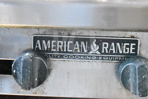 American Range 6 burner commercial gas range, stainless steel, quality cooking equipment label visible, used condition.