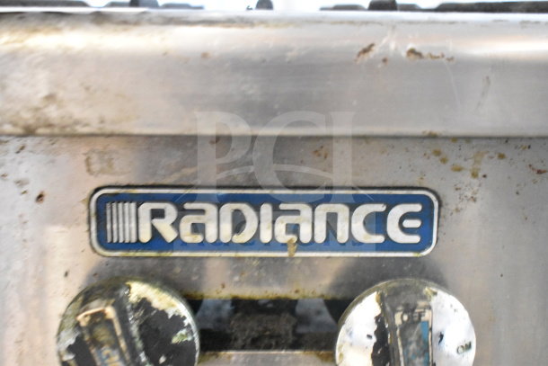 Radiance Commercial Countertop Gas 6 Burner Range, visible brand logo, worn condition, suitable for heavy-duty cooking.