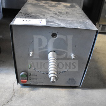 Olde Tyme PN2 nut grinder base with hopper mount, 115V, 1 phase. Used condition, with operational dials and spout.
