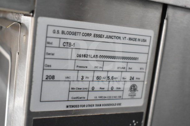 Label on Blodgett CTB-1 convection oven shows model, serial number, 208-240V power, and is made in the USA.