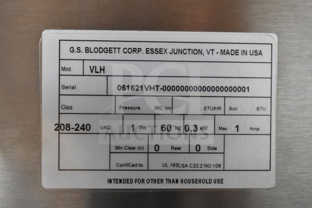 Label on Blodgett VLH oven showing model, serial number 061621VHT, and electrical specs 208-240 volts, 1 phase.