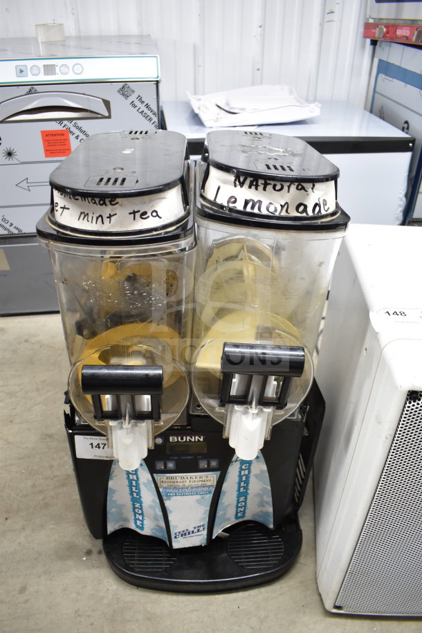 Bunn Ultra 2 Commercial Slushie Machine, dual tanks labeled "Sweet Mint Tea" and "Natural Lemonade," 120V, tested working.