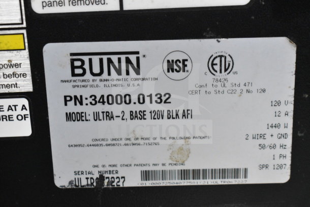 Bunn Ultra 2 Commercial Slushie Machine label, model Ultra-2, 120V, 1440W, NSF certified, serial number ULTRA77227.