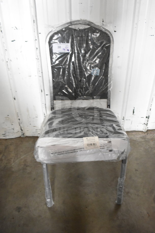 Brand new Lancaster Table & Seating banquet chair. Gray fabric, silver vein frame. Crown back, stackable. Wrapped packaging.