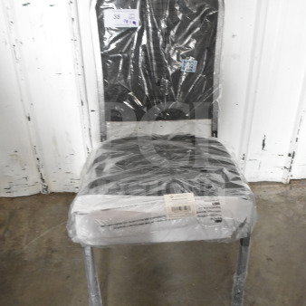 Brand new Lancaster Table & Seating banquet chair. Gray fabric, silver vein frame. Crown back, stackable. Wrapped packaging.