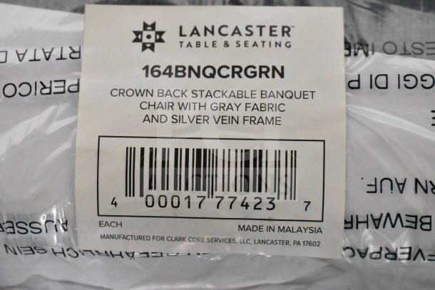 Lancaster Table & Seating label for Crown Back Banquet Chair with gray fabric, silver vein frame. Model 164BNQCRGRN.