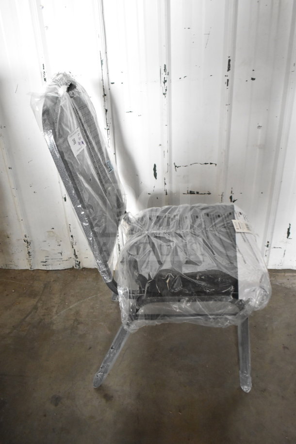 Brand new Lancaster Table & Seating Crown Back Banquet Chair, gray fabric, silver vein frame, in packaging. Scratched.