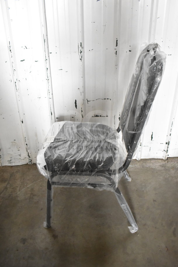 Brand new Lancaster Table & Seating Crown Back Stackable Banquet Chair, gray fabric, silver vein frame, scratch and dent condition.