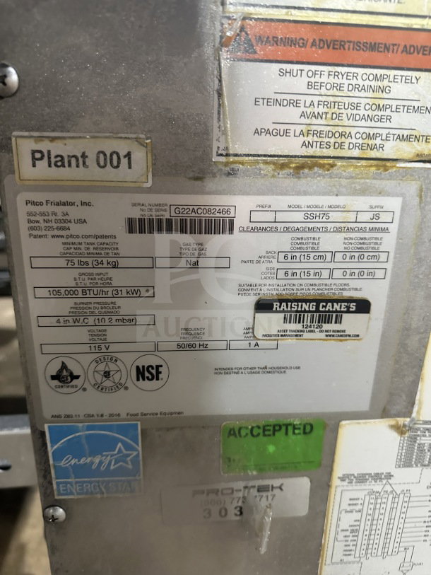 Pitco SSH75 Solstice Supreme fryer label, showcasing model, serial number G22AC082466, NSF certification, gas type, and voltage.