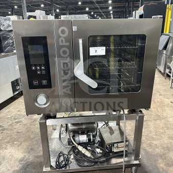 Angelo Po stainless steel natural gas combi oven model FX61G3-UKX02 with digital controls, oven rack, undershelf stand.