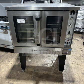 Southbend stainless steel gas convection oven, Energy Star certified, with thermostatic controls, wired oven rack, and sturdy legs.