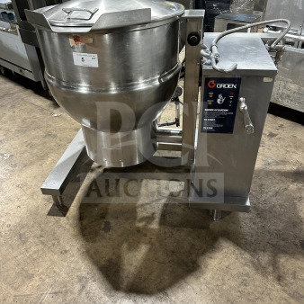Groen DH140 40 gal. commercial stainless steel tilting steam kettle, natural gas, 120V, 1 phase. Silver, on legs.