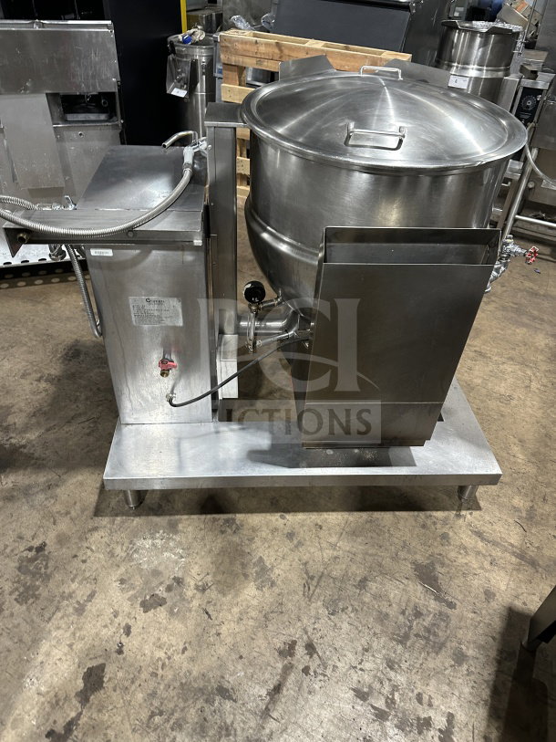 Groen DH/1-40 stainless steel tilting steam kettle, 40-gallon, natural gas, 120V, 1 phase, on legs, commercial use.