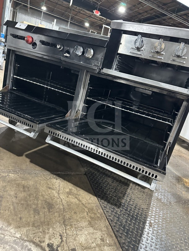 Garland commercial stainless steel range with 6 burners, raised flat griddle, double oven, broiler, and casters.